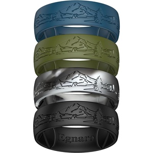image:imageEgnaro Silicone Wedding Rings For Him Mens Etched Rubber Travel BandsSETBHushed PeaksOlive Green  Twilight Blue  Black Gray Camo  Black