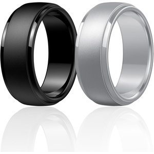 image:imageEgnaro Mens Silicone Rings Classic Black Step Edge Rubber band 10mm WideSETNSilver Black