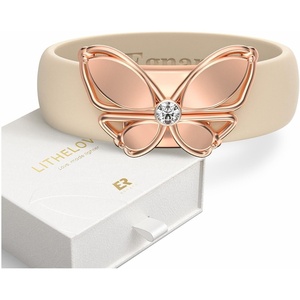 image:imageEgnaro Women Silicone Ring with Copper Alloy Butterfly Flexible Rubber BandPACK A Nude  Metal Butterfly  Rose Gold