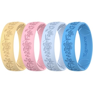 image:imageEgnaro Womens Silicone Wedding Ring Etched Rubber Band6mm Wide 2mm ThickPack A4Apple BlossomsSunlight Yellow  Sweet Lilac  Light Blue  Deep Ultramarine