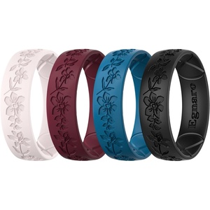 image:imageEgnaro Womens Silicone Wedding Ring Etched Rubber Band6mm Wide 2mm ThickPack A5Apple BlossomsBeige  Maroon  Blue Iris  Black