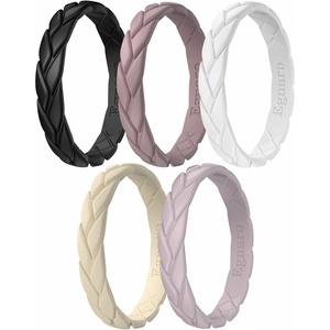 image:imageEgnaro Womens Silicone Stackable Rings 35mm Wide 2mm Thick Flexible Rubber Wedding Bands Leaf Braided Design Breathable Grooves For Gym WorkoutA6Black  Bright Peach  White  Cream Beige  Gray Pink