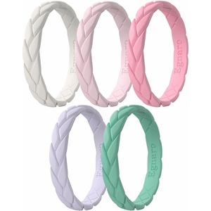 image:imageEgnaro Womens Silicone Stackable Rings 35mm Wide 2mm Thick Flexible Rubber Wedding Bands Leaf Braided Design Breathable Grooves For Gym WorkoutB4Ivory  White Pink  Faint Red  Light Purple  Green