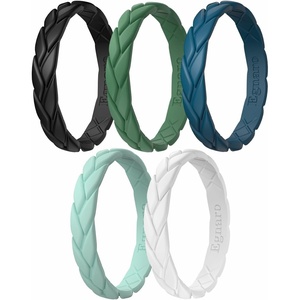 image:imageEgnaro Womens Silicone Stackable Rings 35mm Wide 2mm Thick Flexible Rubber Wedding Bands Leaf Braided Design Breathable Grooves For Gym WorkoutB8Black  Fir Green  Blue Iris  Opal Green  White