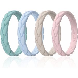 image:imageEgnaro Womens Silicone Stackable Rings 35mm Wide 2mm Thick Flexible Rubber Wedding Bands Leaf Braided Design Breathable Grooves For Gym WorkoutR2Light Green  Arctic Ice  Beige  Sand Pink
