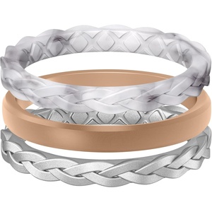 image:imageEgnaro Womens Thin Stackable Silicone Wedding Rings 38 Multipack BandsB4Marble  Rose Gold  Metallic Silver