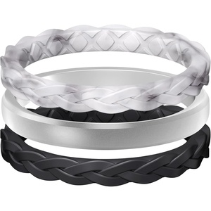 image:imageEgnaro Womens Thin Stackable Silicone Wedding Rings 38 Multipack BandsTMarble  Metallic Silver  Black